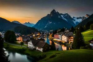 photo wallpaper the sky, mountains, water, mountains, river, village, sunset, swiss. AI-Generated