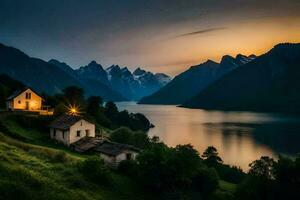 photo wallpaper the sky, mountains, house, lake, sunset, the house, the lake,. AI-Generated