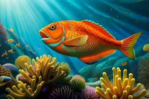 an orange fish swimming in the ocean with coral reefs. AI-Generated photo