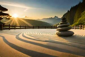 the sun rises over a zen garden in the mountains. AI-Generated photo