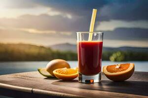 un vaso de jugo con un naranja rebanada en un mesa. generado por ai foto