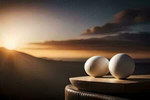 two eggs sit on top of a wooden table with a sunset in the background. AI-Generated photo