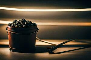 a bucket of coal on a table in front of a light. AI-Generated photo