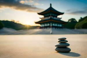 un apilar de piedras en frente de un pagoda. generado por ai foto