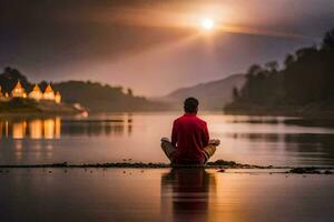 un hombre meditando en el apuntalar de un río. generado por ai foto