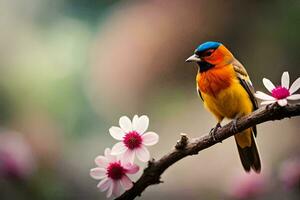 a colorful bird sits on a branch with pink flowers. AI-Generated photo