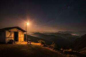 a small hut sits on the edge of a mountain at night. AI-Generated photo