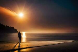 un hombre en pie en el playa a puesta de sol. generado por ai foto