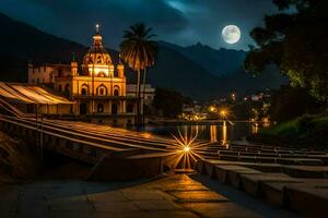 un Iglesia y un montaña en el antecedentes. generado por ai foto