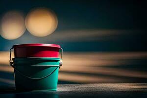 a red and green bucket sitting on a table. AI-Generated photo