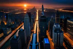 the city of chicago is seen in the background at sunset. AI-Generated photo