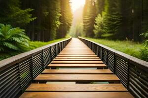 a wooden walkway in the middle of a forest. AI-Generated photo