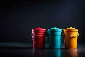 three colorful plastic buckets on a dark background. AI-Generated photo