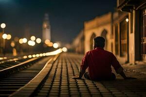 un hombre sentado en el ferrocarril pistas a noche. generado por ai foto