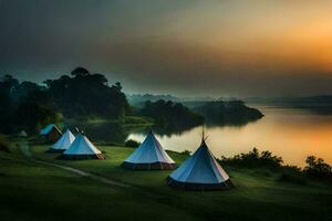 tents on the edge of a lake at sunset. AI-Generated photo