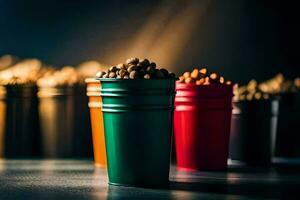 un fila de vistoso tazas con frijoles en a ellos. generado por ai foto