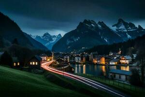 a car drives down a road in front of a mountain range. AI-Generated photo