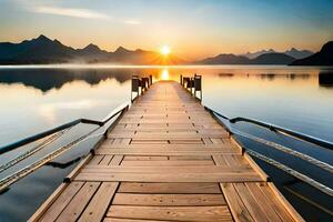 a wooden dock extends into the water at sunset. AI-Generated photo