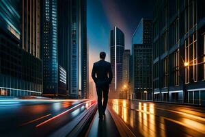 businessman walking on the road in city at night. AI-Generated photo