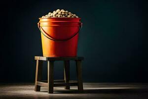 a red bucket filled with peanuts on a stool. AI-Generated photo