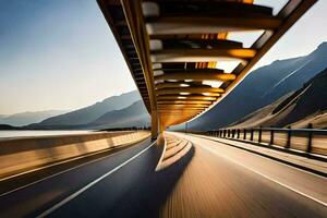 un coche conducción en un autopista con un puente en el antecedentes. generado por ai foto