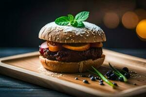 un hamburguesa con Fruta y hierbas en un de madera corte tablero. generado por ai foto