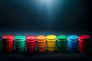 a row of colorful plastic barrels on a dark background. AI-Generated photo