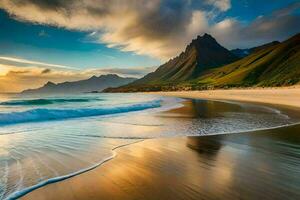 the beach and mountains in the background. AI-Generated photo