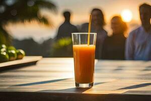 a glass of orange juice on a table with people in the background. AI-Generated photo