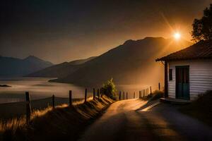 the sun is setting over a small house on a road. AI-Generated photo