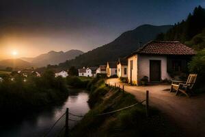 foto fondo de pantalla el cielo, montañas, río, casa, atardecer, el sol, el montañas,. generado por ai