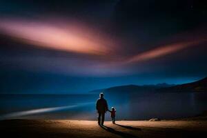 a man and his child stand on the beach at night. AI-Generated photo