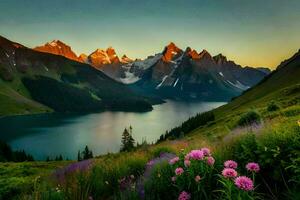 el flores son floreciente en el montañas a puesta de sol. generado por ai foto