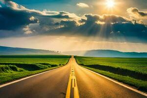 a long road with sun rays shining down on it. AI-Generated photo