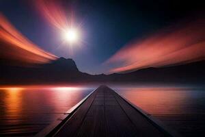 a long pier with a bright light shining over it. AI-Generated photo