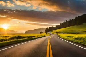 a long road with the sun setting in the distance. AI-Generated photo