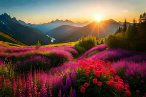 the sun rises over the mountains and flowers in the foreground. AI-Generated photo
