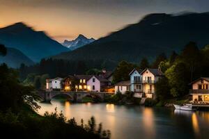 un río y casas en el montañas a oscuridad. generado por ai foto