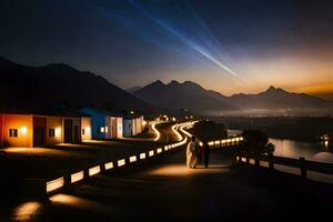 a couple walks down a path in front of a mountain at night. AI-Generated photo