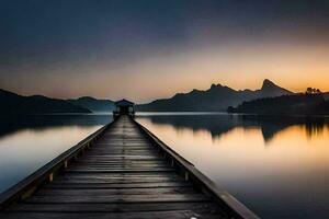 a pier stretching out into the water at sunset. AI-Generated photo