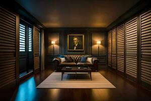 the room has dark wood paneling and a leather couch. AI-Generated photo