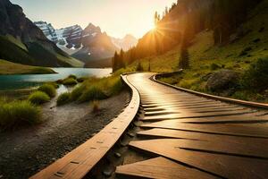 a wooden walkway leads to a lake and mountains. AI-Generated photo