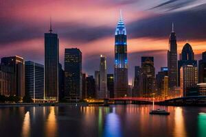 the city skyline at night with a boat in the water. AI-Generated photo