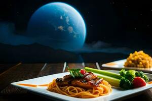 the food is served on a table with a view of the earth. AI-Generated photo