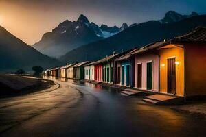 a row of colorful houses in the mountains. AI-Generated photo