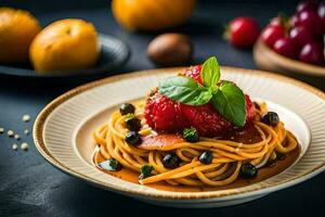 spaghetti with tomatoes and basil on a plate. AI-Generated photo