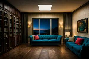 a living room with blue couches and a window. AI-Generated photo