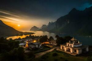 foto fondo de pantalla el cielo, montañas, el sol, el montañas, el lago, el iglesia,. generado por ai