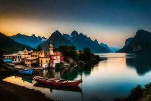 a boat sits on the water in front of a mountain range. AI-Generated photo