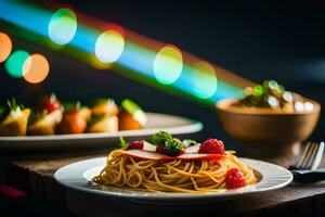 un plato de espaguetis con bayas y carne en un mesa. generado por ai foto
